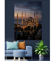 Gece Işıklarında Görkemli İstanbul Camii Dekoratif Kanvas - Mdf Ahşap Tablo