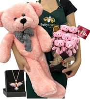 Fotoğraflı 7'li Peluş Ayıcık Buketi, Renkli Anka Kuşu Kolye ve Pembe Peluş Ayıcık (Model 5)