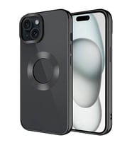 Coverzone Apple iPhone 15 Plus ile uyumlu K?l?f Kamera Korumal? Logo G�steren Parlak renk kenar �izgileri ile ??k bir tasar?m Colored Z-Omega Kapak Siyah