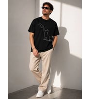 Erkek Minimal Kedi Çizim Baskılı Tişört Kısa Kol Yazlık T-Shirt - Siyah