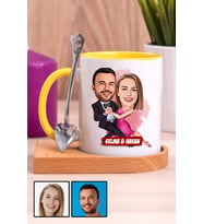 Romantik Sevgililer Günü Hediyesi Karikatürlü Ahşap Altlıklı Sarı Kupa Bardak