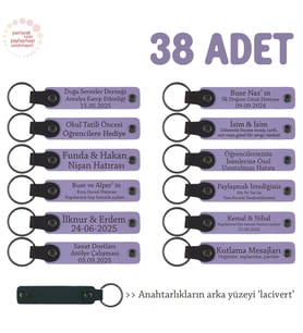 Davete Katılanlara Hediye Edilecek, 38'li Set, Üzerine İsim Yazılan Deri Anahtarlık, Mor & Lacivert (Lila - Mor)