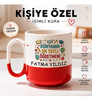 Kişiye Özel İsimli Öğretmen Kupası Kırmızı Kulplu Seramik Kupa Bardak Öğretmene Hediye