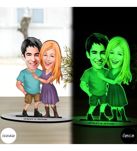 BK Gift Kişiye Özel Sevgililer Karikatürlü Fosforlu 3D Ahşap Biblo -1, Sevgiliye Hediye, Yıl Dönümü Hediyesi