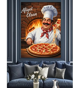 Pizza Tutan Aşçı Resmi Dekoratif Kanvas - Mdf Ahşap Tablo