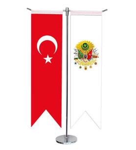 Masa Üstü Kırlangıç Beyaz Osmanlı Arması + Türk Bayrağı + Krom T Direk Masa Bayrak Seti