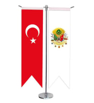 Masa Üstü Kırlangıç Beyaz Osmanlı Arması + Türk Bayrağı + Krom T Direk Masa Bayrak Seti