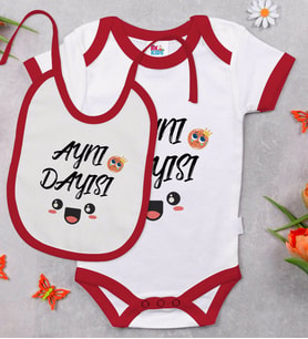 BK Kids Aynı Dayısı Tasarımlı Kırmızı Bebek Body Zıbın ve Mama Önlüğü Hediye Seti-1