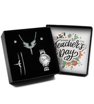 Öğretmenler Gününe Siyah Özel Kutulu Gümüş Renk Kaplama Mikail Melek Kolye & 2'li Küpe & 2'li Bileklik & Saat Hediye Seti