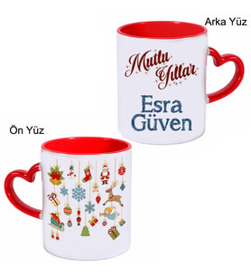Biresimden Mutlu Yıllar Temalı Yılbaşı Hediyesi Kalp Kulplu İsimli Kupa Bardak