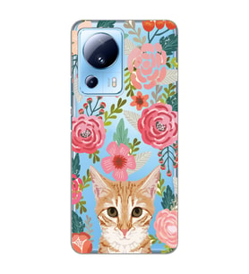 Xiaomi Mi 13 Lite Uyumlu Kedi ve Çiçek Desenli Şeffaf Telefon Kılıfı