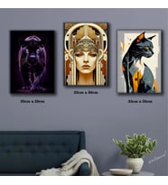 kleopatra kedi siyah panter tablosu 3 adet 35cmx50cm kumaş baskılı canvas tablo