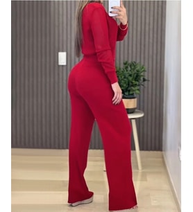 Kadın Uzun Kollu Yuvarlak Yaka Transparan Detaylı Triko Bluz Ve Pantolon Ikili Takım