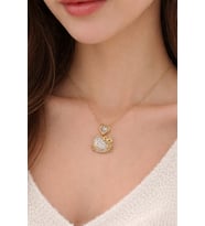 Taşlı Kalp Detaylı Sevimli Kedi Figürlü Gold Kolye