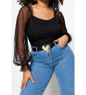 Moda Büyük Beden Kare Yaka Dokuma Regular Puantiyeli Desen Casual Günlük Regular Uzun Kol Bluz (Siyah)