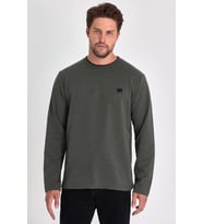 Erkek Haki Çift Bisiklet Yaka Baskı Detaylı Standart Rahat Kesim Sweatshirt