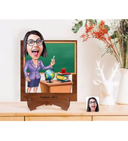 BK Gift Kişiye Özel Kadın Öğretmen Karikatürlü Ahşap Standlı 3D Biblo-1 (Beyaz)