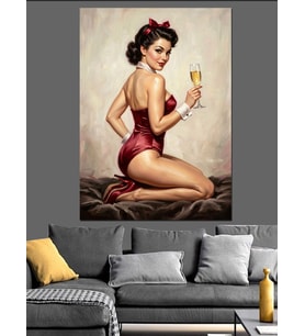 Kadeh Tutan Retro Pin-Up Kadın Dekoratif Kanvas - Mdf Ahşap Tablo