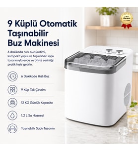 Buz Makinesi 9 Küplü Otomatik Taşınabilir Saplı, 6 Dakikada Hızlı Buz Üretimi Mini Ev Tipi