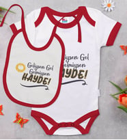BK Kids Geliysen Gel Tasarımlı Kırmızı Bebek Body Zıbın ve Mama Önlüğü Hediye Seti-1