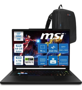 MSI Msı Raider 16 Hx B2WH-091TR Intel Ultra 9 275HX Aı 48GB Ddr5 4tb SSD 12GB/RTX5070Tİ 140W 16" QHD+(2560X1600), 240Hz IPS %100 Dcı-P3 Freedos Gaming Laptop MSW091TRF23+ZETTAÇANTA