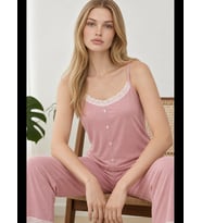 Night Kadın Dantel Detaylı V Yaka Pijama Takımı 4744