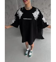 Unisex Flok Kabartma Baskılı T-Shirt - Siyah