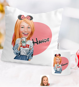 BK Gift Kişiye Özel Karikatürlü Moda Mini Fare Yastık Kupa Seti 1 (Model 1)