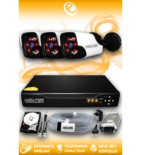 ELITCAM 3 Kameralı Panda 3 Dış Kamera Set 1 TB HDD Full HD Gece Görüşlü Güvenlik Kamerası Sistemi