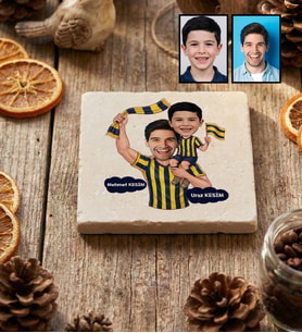 Kişiye Özel Karikatürlü Sarı Lacivert Taraftar Baba Oğul Bardak Altlığı Babalar Günü Hediyesi