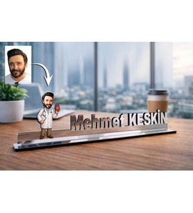 Kişiye Özel Kalp Doktoru Karikatürlü 30 cm Ayna Pleksi Masaüstü İsimlik - Doktor Hediyesi Doktora Özel Hediye