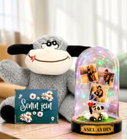 Kişiye Özel Yazılı 3 Fotoğraflı Renkli LED Işıklı Fanus(pandalı) ve Şaşkın Peluş Eşek