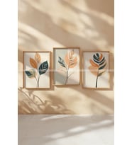 Minimalist Yapraklar 3 Parçalı Ahşap Çerçeveli Tablo Seti