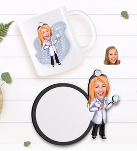 BK Gift Kişiye Özel Kadın Diş Hekimi Karikatürlü Beyaz Kupa ve Ahşap Bardak Altlığı Hediye Seti-1