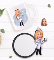 BK Gift Kişiye Özel Kadın Diş Hekimi Karikatürlü Beyaz Kupa ve Ahşap Bardak Altlığı Hediye Seti-1