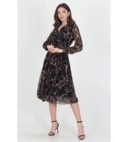 Neşeli butik kadın astarlı yeni sezon kruvaze yaka midi boy şifon elbise RSSN06 (Siyah)