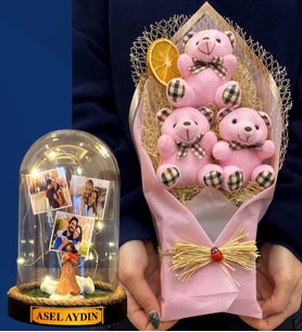 Kişiye Özel 3 Fotoğraflı İsimli Led Işıklı Fanus ve Büyük Boy Pembe Ayıcık Buketi (Model 9)
