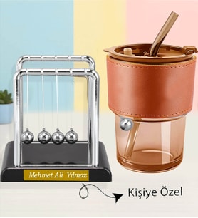 Kişiye Özel Newton Denge Topu & Retro Stil Pipetli Deri Cam Bardak Ofis Hediyesi