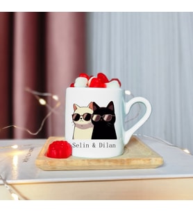 Kedi Arkadaş Tasarımlı Ahşap Tabaklı Kişiye Özel Türk Kahvesi Fincanı