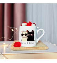 Kedi Arkadaş Tasarımlı Ahşap Tabaklı Kişiye Özel Türk Kahvesi Fincanı
