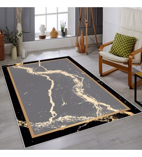 Gri Zemin Gold Çerçeveli Yıkanabilir Kaymaz Taban Leke Tutmaz Modern Salon Halısı ve Yolluk (Siyah)