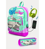 Coral High Kids Su Yeşili Pembe Kedi Desenli USB'li 2'li Okul Çanta Seti - Kız Çocuk