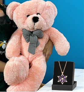 Premium Hediye Seti Büyük Boy 80cm Pembe Peluş Ayıcık ve Özel Tasarım Kolye (Model 3)