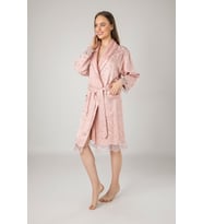 Lacivert Saten Bukle Bambu Cotton Bayan Bornozu (Pudra)