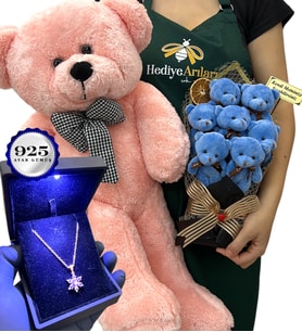 Kişiye Özel VIP Hediye Seti - Işıklı Kutuda 925 Ayar Gümüş Kolye & Pembe Ayıcık & 3'lü Ayıcık Buketi (Model 5)
