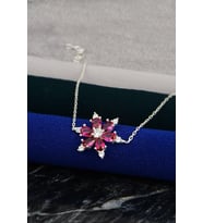 925 Ayar Gümüş Zincirli Kırmızı Yakut Damla Taşlı Lotus Kamelya Çiçeği Bileklik
