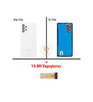 Samsung Galaxy A72 Beyaz Renk Uyumlu Lensli Arka Kapak + B7000 Yapıştırıcı Arka Cam Batarya Kapağı Pil Kapağı Lazer Kesim Back Cover Galaxy A72 Uyumlu