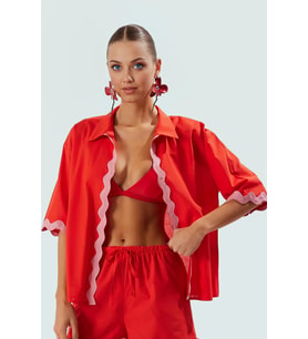 Yazlık Flamlı Pamuk Kimono Şort Plaj Takımı Truvakar Kol Premium Kalite (Kırmızı-Pembe)