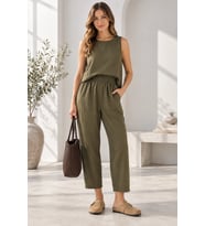 Beli Lastikli Modal Pantolon & Kalın Askılı Bluz Takımı - Füme