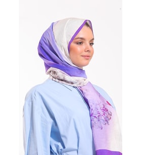 Çiçekli Desen Elegante Seri Şal Eşarp Askısı İle Birlikte 75x200 Lila Mor Krem-7